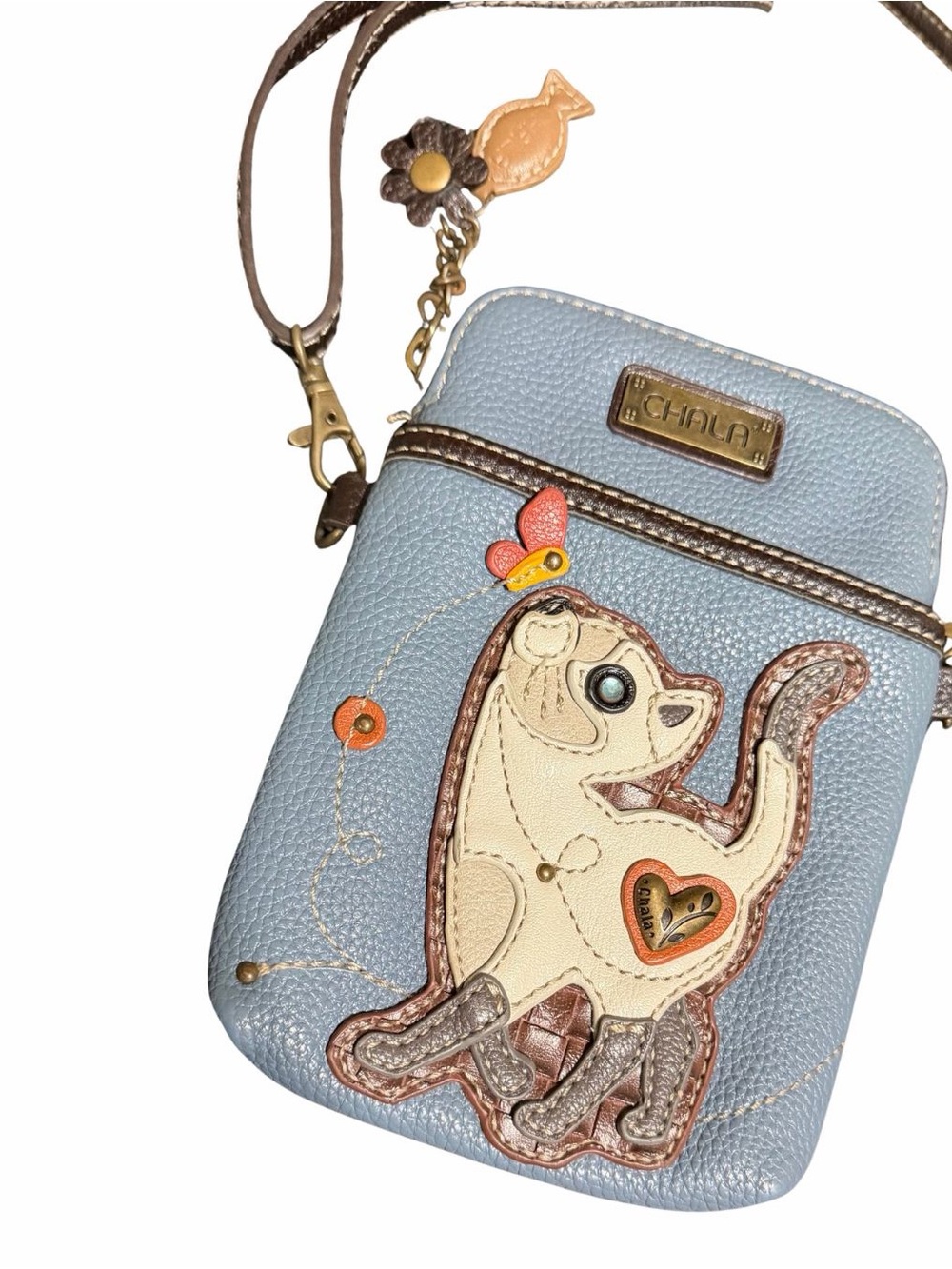 Chala Light Blue Crossbody with Cat Appliqué and Multicolor Charms